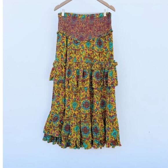 House Of Harlow‎ 1960 Set Maxi Skirt Smocked Tiered Ruffles Yellow Tropical - Picture 5 of 10